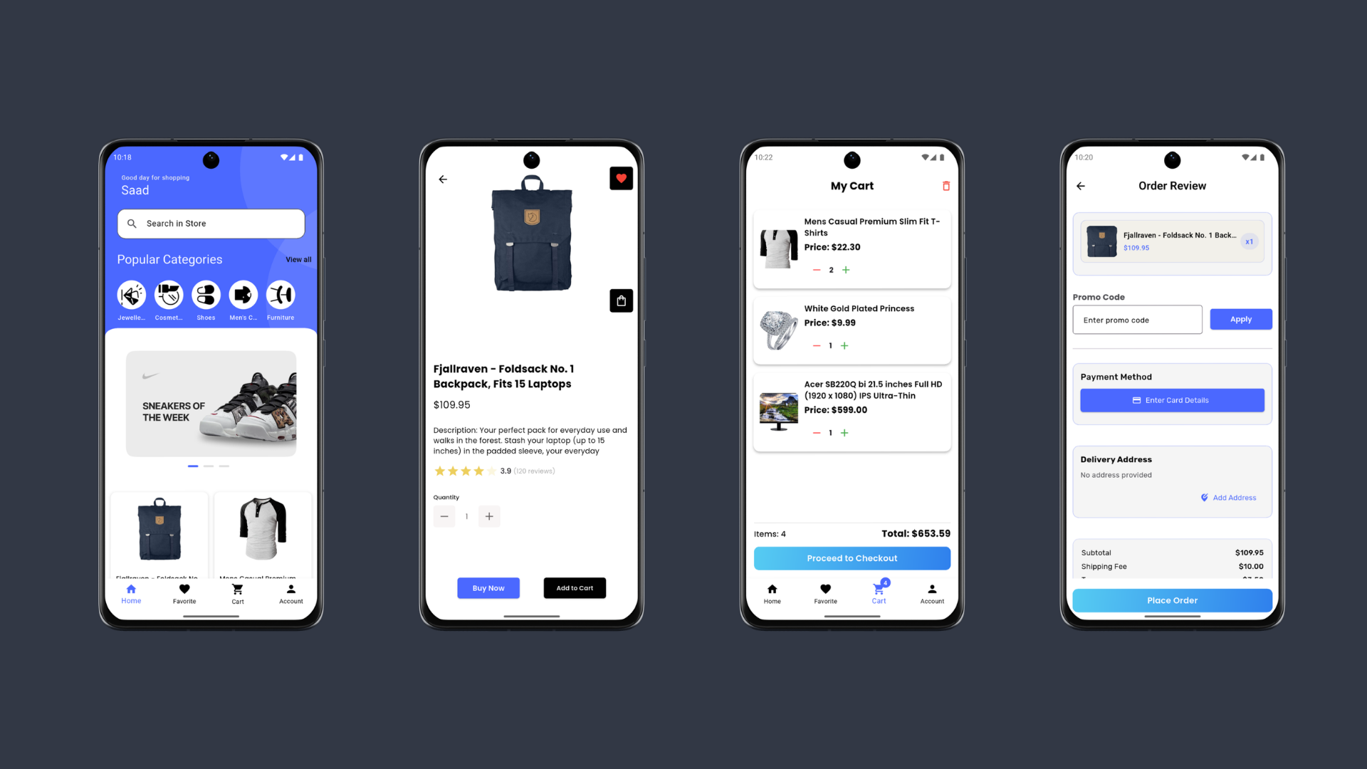 E-Commerce App screens: product browsing, categories, and cart